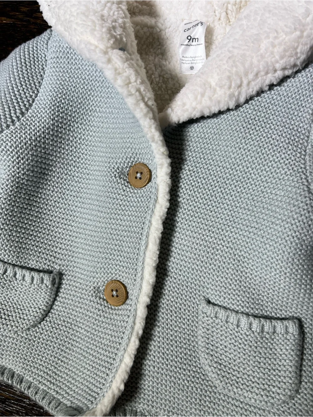 NWT Carter’s Bear Knit Cardigan Sweater Jacket Hooded Sherpa Lined 9M